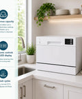 Top Notch Compact Countertop Dishwasher Fits Right Into Any Kitchen Scrubbing Dishes Clean Hassle Free With Energy Star Rating Delay Start LED Panel And Crisp White Exterior on countertop with sink.