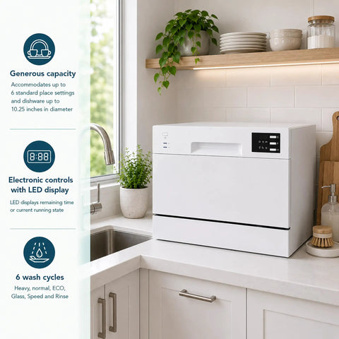 Top Notch Compact Countertop Dishwasher Fits Right Into Any Kitchen Scrubbing Dishes Clean Hassle Free With Energy Star Rating Delay Start LED Panel And Crisp White Exterior on countertop with sink.