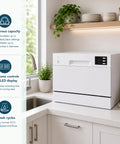 Compact Countertop Dishwasher Featuring A Slick Digital Interface And Six Heavy Duty Wash Cycles Engineered For Top Tier Energy Savings With Quick Connect Faucet Adapter And Flexible Delay Start For A Truly No Sweat Cleaning Routine In Crisp White in a modern kitchen setting.