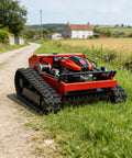 Heavy Duty Lawn Mower For Home Yards And Farms on a rural path, showcasing durable cutting deck and wide cut path, red color