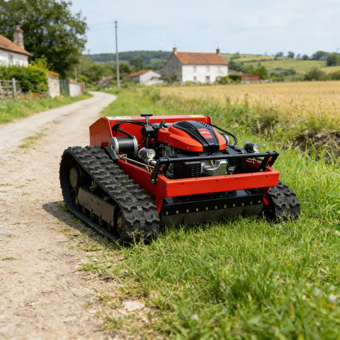 Heavy Duty Lawn Mower For Home Yards And Farms on a rural path, showcasing durable cutting deck and wide cut path, red color