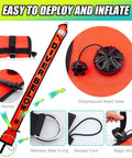 Must Have High Visibility Surface Marker Buoy Set With 5 Foot Open Bottom Safety Sausage, Reflective Tape On Both Sides, Bright Orange For Diver Signaling, Includes 100 Foot Alloy Finger Spool Dive Reel And Double Ended Snap Hook For Underwater Activities, with components labeled for easy deployment and inflation instructions