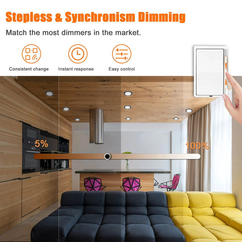 Modern kitchen with Lit Six Inch Canless Recessed Lighting Kit With 5CCT Adjustable showing dimming feature and control panel.