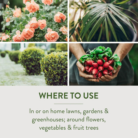 Garden with flowers, bushes, and vegetables. Text states use of Slug And Snail Bait Granules For Lawns Gardens And Greenhouses 2 Pound Pack Kills Slugs And Snails In 3 To 6 Days Safe Around Pets And Wildlife Ideal Outdoor Pest Control For Yard And Garden.