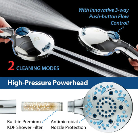 High Pressure 10 Setting Handheld Showerhead With Built In Filter Removes Chlorine Chrome shown with dual cleaning modes