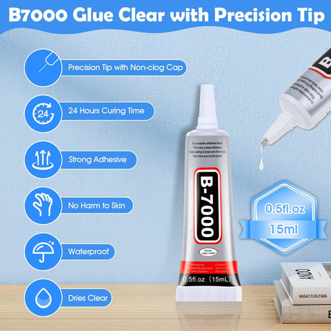 Clear Rhinestone Glue for Jewelry Making and Nail Art 4 Pack 15mL with Precision Tip, showing packaging details and features.