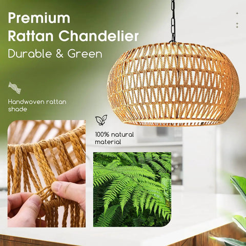 Big Time Upgrade 19 Inch Boho Rattan Chandelier Featuring Five Warm Lights For Farmhouse Dining Rooms with handwoven rattan.