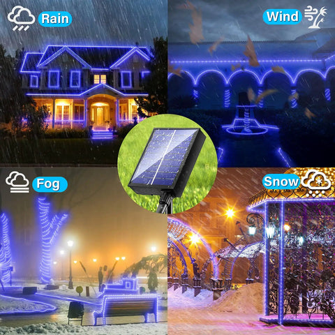 Solar Rope Lights Outdoor Waterproof, 39.37 Feet Copper Wire With Clear PVC Tubing, shown on houses and gardens in various weather conditions.