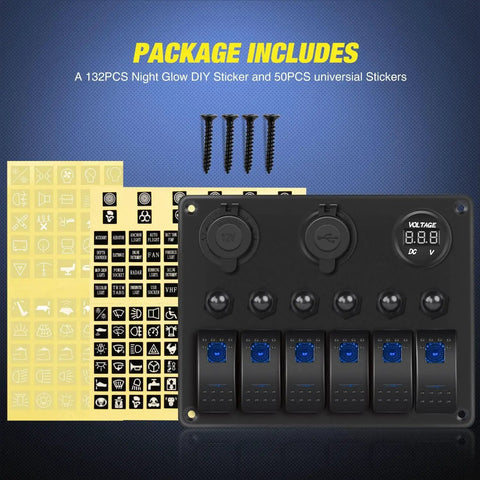 Six Gang Rocker Switch Panel With 12V Voltmeter And Dual USB Charger Cigarette Lighter Socket Six Circuit Breakers LED Meter Overload Protection Great For RV Truck Boat Two Year Warranty, with decals and screws