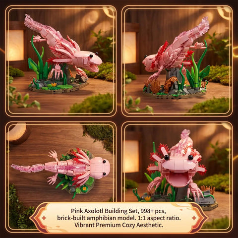 Pink Axolotl Building Block Set 998 Pieces 1 To 1 Scale Amphibian Model Kit For Adults And Teens on wood display