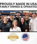 Group of employees with 'Proudly Made in USA' and quality badges
