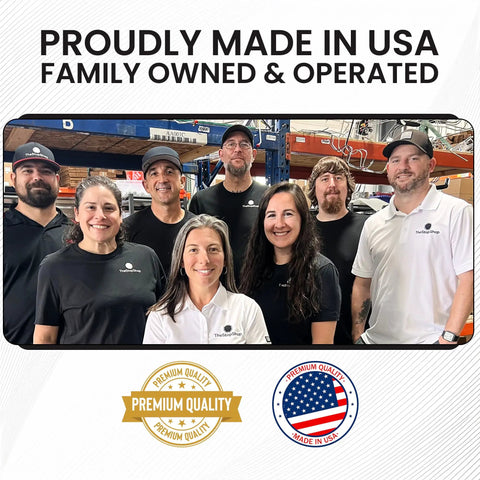 Group of employees with 'Proudly Made in USA' and quality badges