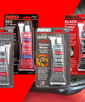 Four packages of ABRO RTV silicone sealant and gasket maker in grey, red, and black for import engines, sensor safe, 3 oz size.