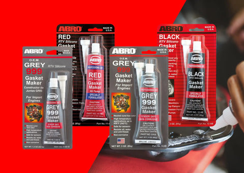 Four packages of ABRO RTV silicone sealant and gasket maker in grey, red, and black for import engines, sensor safe, 3 oz size.