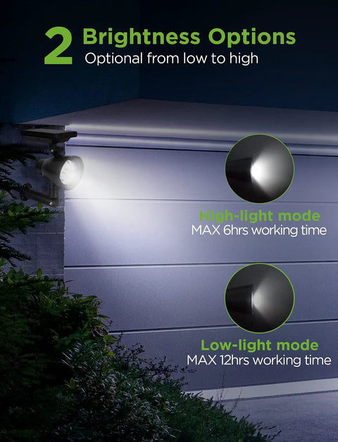 Spotlight from Solar Powered Outdoor Landscape Spotlight Set Of 4 Waterproof Security Lights With Adjustable Angles illuminating wall.
