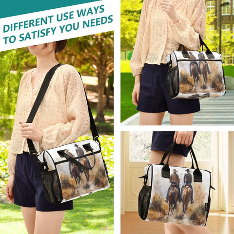 Woman holding Desert Cowboy Insulated Nylon Lunch Bag For Women with adjustable strap, reusable lunch tote for picnics and work.