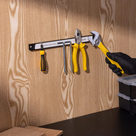 Magnetic Tool Holder Rack Set Of 4 For Garage Wall Mount 12 Inch Heavy Duty Tool Strip With Powerful Magnets and hand tools displayed