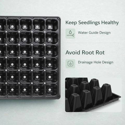 Top view of 10 Pack 72 Cell Seed Starter Trays With 1.75 Inch Deep Plugs For Seedlings, showing water guide and drainage hole design.