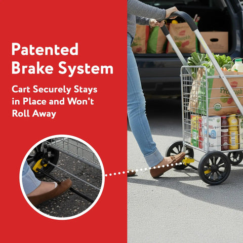 Foldable Shopping Cart With Wheels And Brake System in use, secured with brake, showcasing silver alloy steel frame filled with groceries.