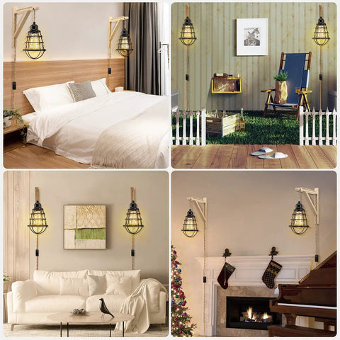 Plug In Wall Sconces 2 Pack Farmhouse Wood And Metal Wire Cage Lamps with Plug In Cord And On Off Switch in various rooms