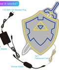 Sword and Shield LED Gaming Light for Game Room Decor showing 12V power adapter, dimmer switch, and translucent cord.