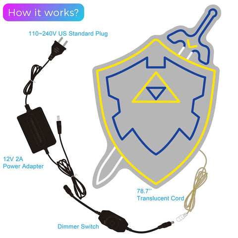 Sword and Shield LED Gaming Light for Game Room Decor showing 12V power adapter, dimmer switch, and translucent cord.