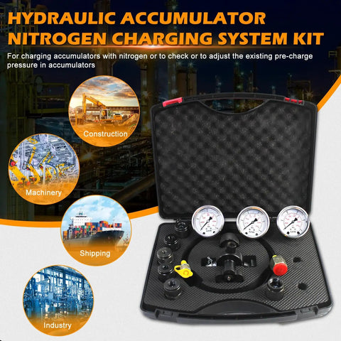 Nitro Charged Hydraulic Accumulator Kit With Nitrogen Charging And Pressure Test Gauges 3 Gauges And 7 Couplings in case