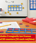 Giant Magnetic Foam Ten Frames Set With 20 Counters For Early Math Concepts, Addition And Subtraction, shown on desk and board.