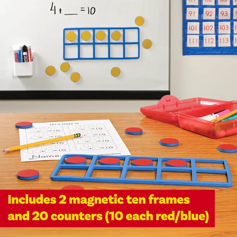 Giant Magnetic Foam Ten Frames Set With 20 Counters For Early Math Concepts, Addition And Subtraction, shown on desk and board.