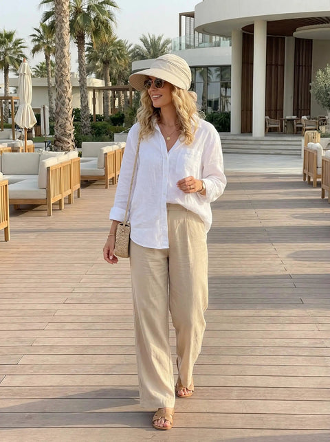 Woman wearing 2-In-1 Women's Sun Visor Hat With Wide Brim Or Zip-Off Top walking on boardwalk, palm trees in background