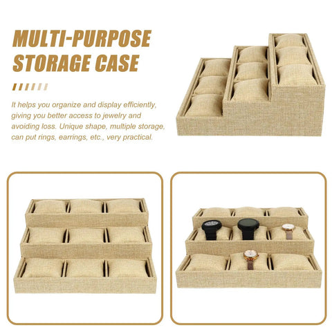 Top Tier Nine Grid Trapezoid Watch Tray Made From Premium Linen Burlap Jewelry Organizer on desk with watches and cushioned storage.