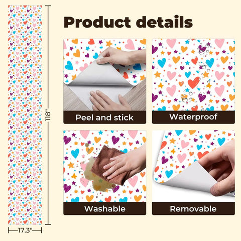 Heart And Star Romance Pattern Peel And Stick Wallpaper Removable Self Adhesive Wall Covering, waterproof, washable, 17.3" x 118".