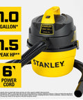 One Gallon Wet And Dry Shop Vacuum With One Point Five Peak Horsepower And Sixty Cfm Portable Lightweight Suction shown
