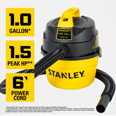 One Gallon Wet And Dry Shop Vacuum With One Point Five Peak Horsepower And Sixty Cfm Portable Lightweight Suction shown