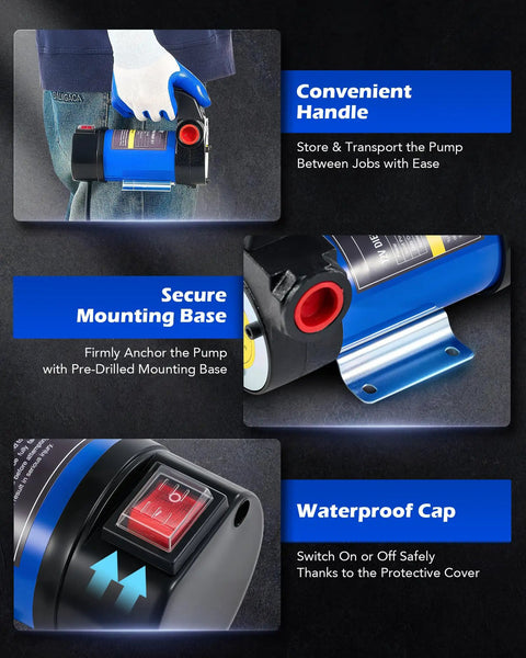 12V Diesel Transfer Pump 12 GPM Portable Electric Fuel Pump with handle, mounting base, and waterproof cap for oil change