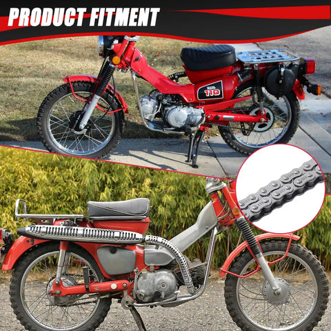 Drive Chain 102 Link With Chain Breaker For 50cc To 125cc 4 Stroke Dirt Bikes shown on vintage red bike