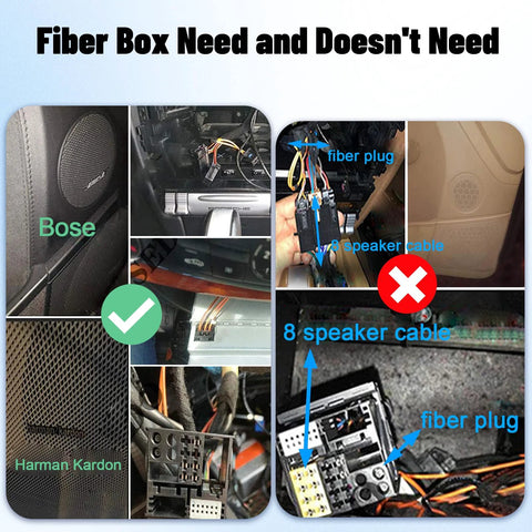 Optic fiber decoder kit for car stereo collage with fiber plug, 8-speaker cables, connectors; Bose and Harman Kardon