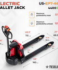 Powerhouse Full Electric Pallet Jack Bundle With Amps Boosting 4800 Lbs Capacity And 48 Inch Forks Plus Huge 48 Volt Lithium Battery dimensions and design view.