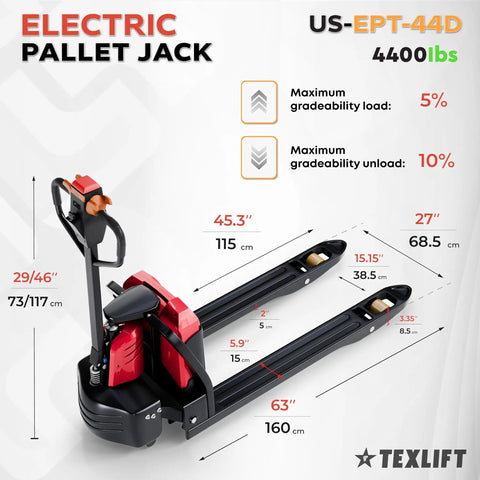 Powerhouse Full Electric Pallet Jack Bundle With Amps Boosting 4800 Lbs Capacity And 48 Inch Forks Plus Huge 48 Volt Lithium Battery dimensions and design view.