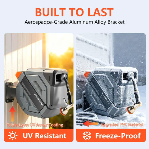 Retractable Garden Hose Reel With 100 Foot Heavy Duty Wall Mount 1/2 Inch Hose in sun and snow, aluminum bracket, UV and freeze resistant.