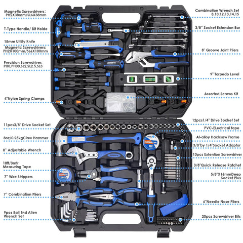 168-Piece Socket Wrench Auto Repair Tool Set In A Plastic Toolbox Case, Grab-And-Go DIY Hand Tool Kit With Sockets, Wrenches, Hex Keys, Screwdriver Bits, Pliers, Knife, Hammer, Saw, And More For Everyday Home Repairs