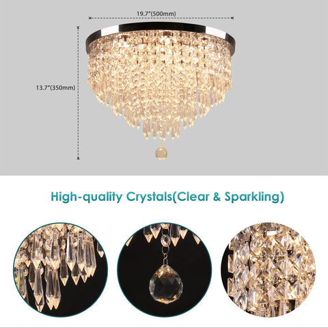 Jaw Dropping 19.7 Inch Crystal LED Flush Mount Ceiling Light With 5 Tier K9 Raindrop Crystals And Chrome Stainless Steel
