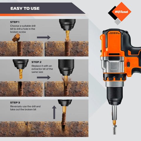 22 Piece Damaged Screw Extractor Set With Magnetic Extension Bit Holder And Socket Adapter For Removing Stripped And Broken Bolts No Nonsense Easy Out Kit In Heavy Duty Case shown in use with a drill on a stripped screw
