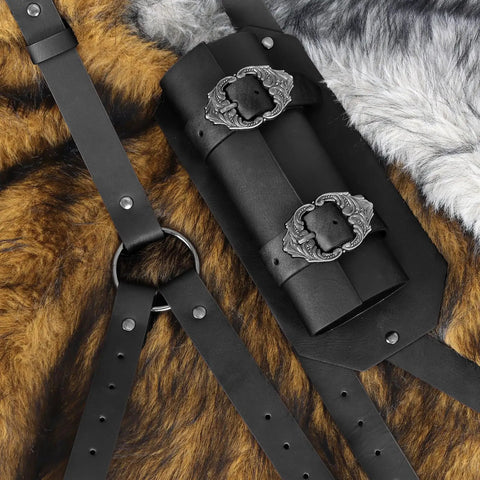 2 In 1 Faux Leather Medieval Shoulder Armor With Back Sword Frog for LARP Cosplay showing vintage style finish on fur backdrop