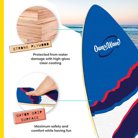 Claw Strike Skimboard 40 Inch Blue Dope Wave Rider For Beach Fun showing grip pad and strong plywood for easy glide