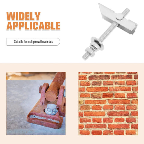 Heavy Duty Metal Toggle Bolt Kit 12 Pcs With M8x72mm and 100mm Drywall Anchors for hollow walls, shown with brick surface application.