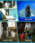 One Third Horsepower Submersible Pool Pump Workhorse With 3035 GPH Flow draining water from pool, basement, and flooded house.