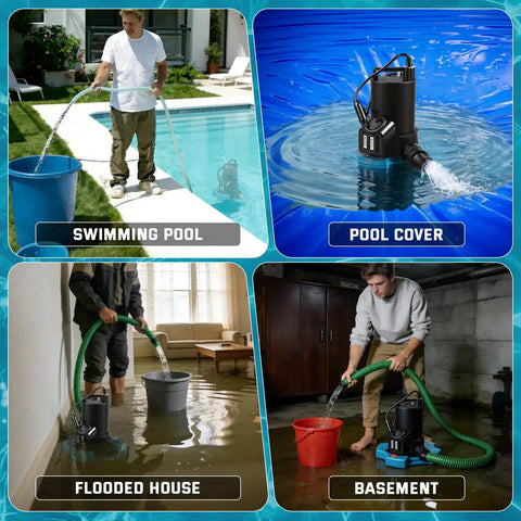 One Third Horsepower Submersible Pool Pump Workhorse With 3035 GPH Flow draining water from pool, basement, and flooded house.
