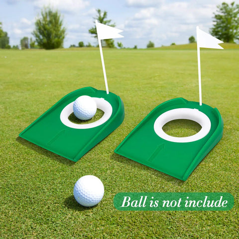 Two Pack Golf Putting Cup With Flag For Indoor Outdoor Practice on grass showing durable plastic and rubber cups