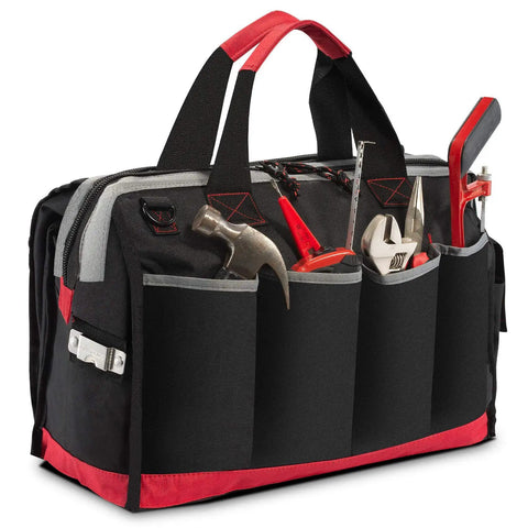 Heavy Duty 16 Inch Wide Mouth Tool Bag With 25 Pockets Waterproof 600D Polyester Organizer With Tools Visible